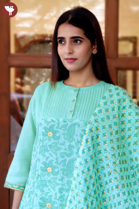 Chanderi Silk Kurta Pant And Dupatta Set In Block Print