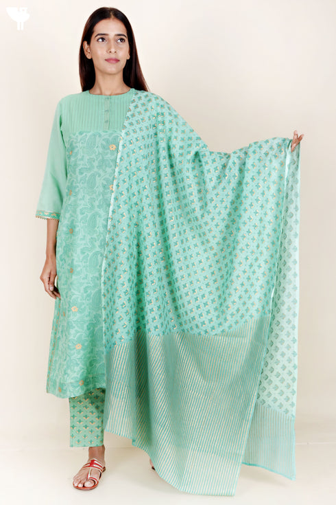 Chanderi Silk Kurta Pant And Dupatta Set In Block Print