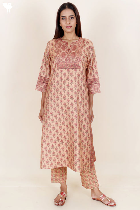 Tussar Cotton Kurta Pant And Dupatta Set In Floral Block Print