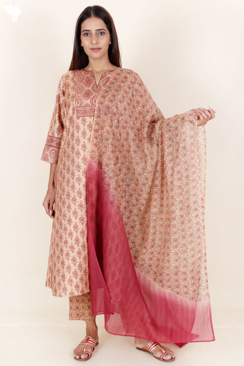 Tussar Cotton Kurta Pant And Dupatta Set In Floral Block Print