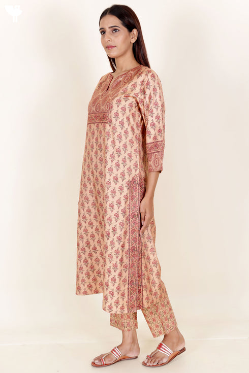 Tussar Cotton Kurta Pant And Dupatta Set In Floral Block Print