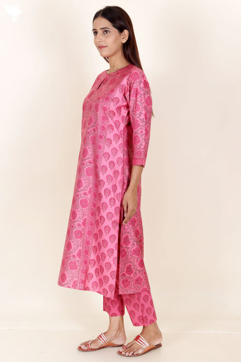 Tussar Cotton Kurta Pant And Dupatta Set In Floral Block Print