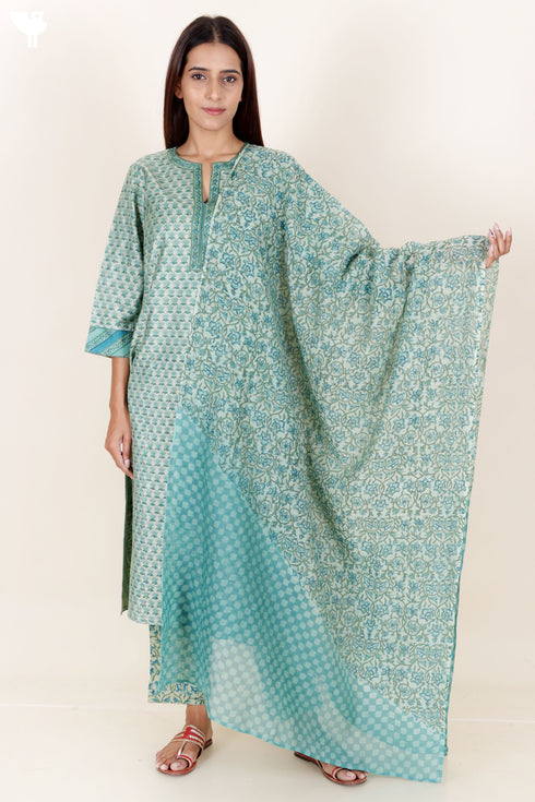 Tussar Cotton Kurta Pant And Dupatta Set In Block Print