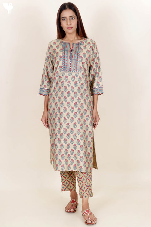Tussar Cotton Kurta Pant And Dupatta Set In Block Print