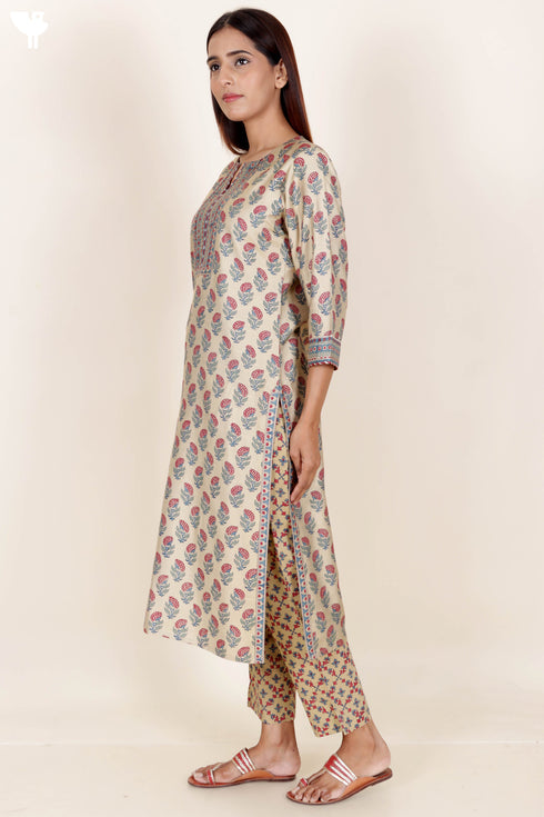 Tussar Cotton Kurta Pant And Dupatta Set In Block Print