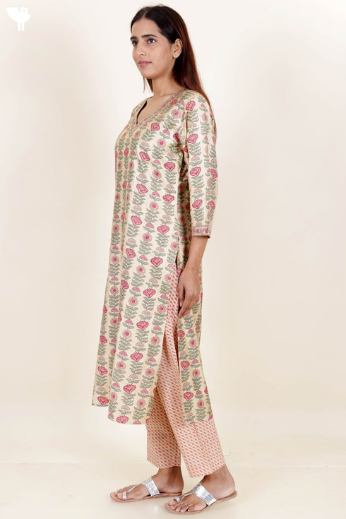 Tussar Cotton Kurta Pant And Dupatta Set In Block Print
