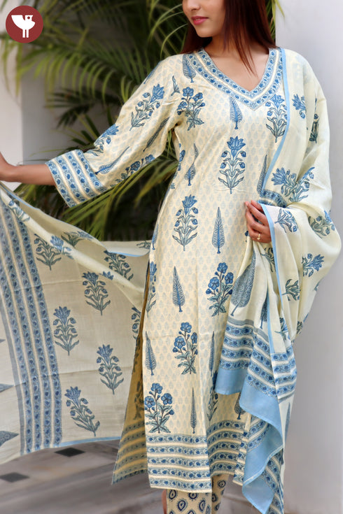 Tussar Cotton Kurta Pant And Dupatta Set In Block Print