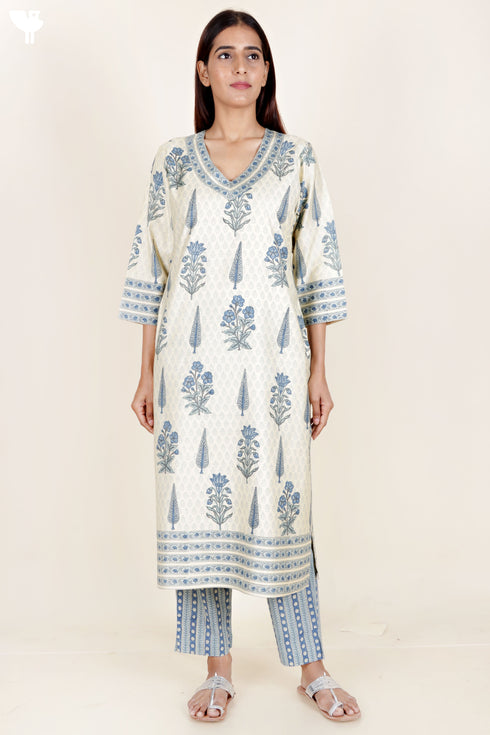 Tussar Cotton Kurta Pant And Dupatta Set In Block Print
