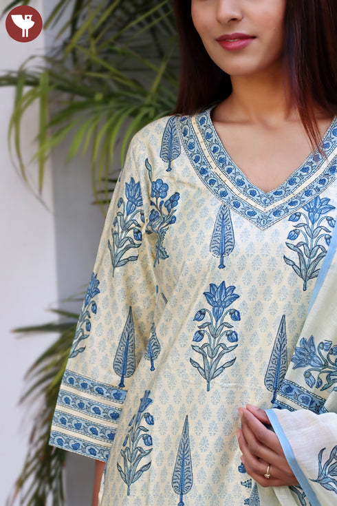 Tussar Cotton Kurta Pant And Dupatta Set In Block Print