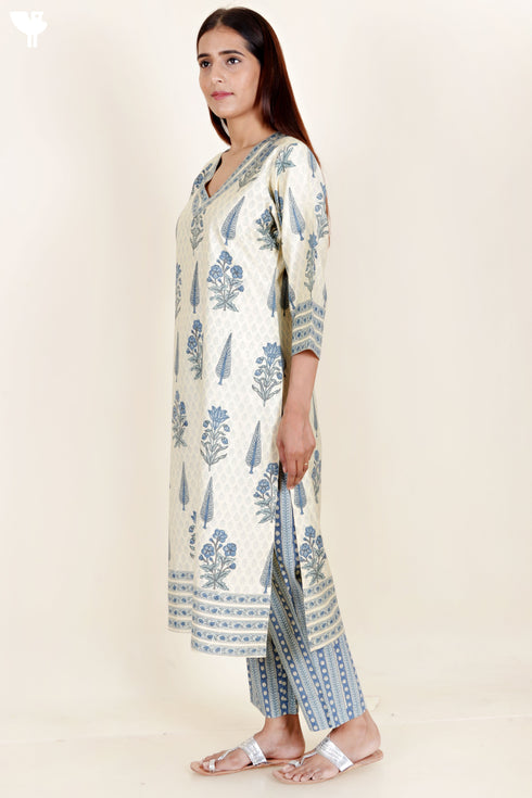 Tussar Cotton Kurta Pant And Dupatta Set In Block Print