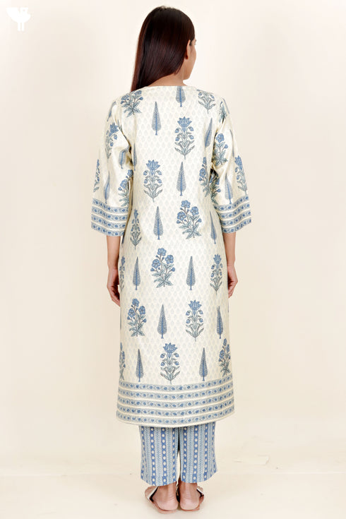 Tussar Cotton Kurta Pant And Dupatta Set In Block Print