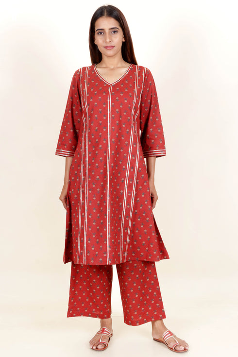 Cambric Cotton Kurta And Pant Set With Block Print