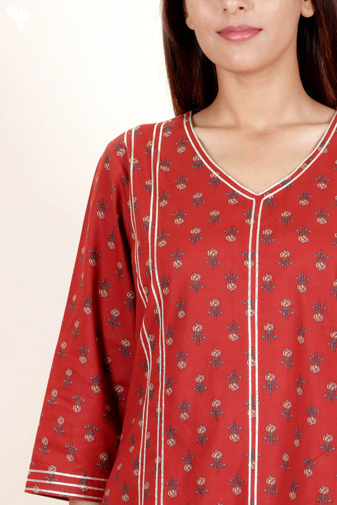 Cambric Cotton Kurta And Pant Set With Block Print