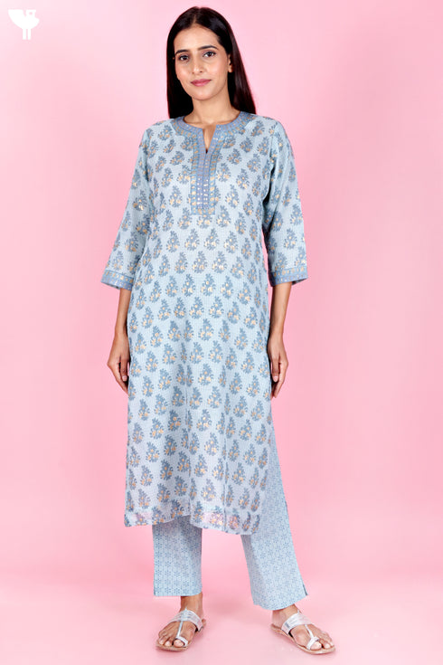 Kota Doria Kurta Pant Set With Dupatta In Block Print