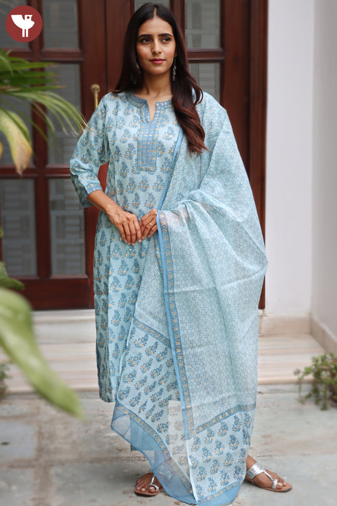 Kota Doria Kurta Pant Set With Dupatta In Block Print