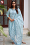 Kota Doria Kurta Pant Set With Dupatta In Block Print