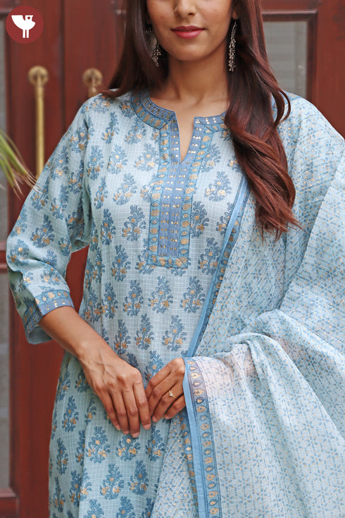 Kota Doria Kurta Pant Set With Dupatta In Block Print