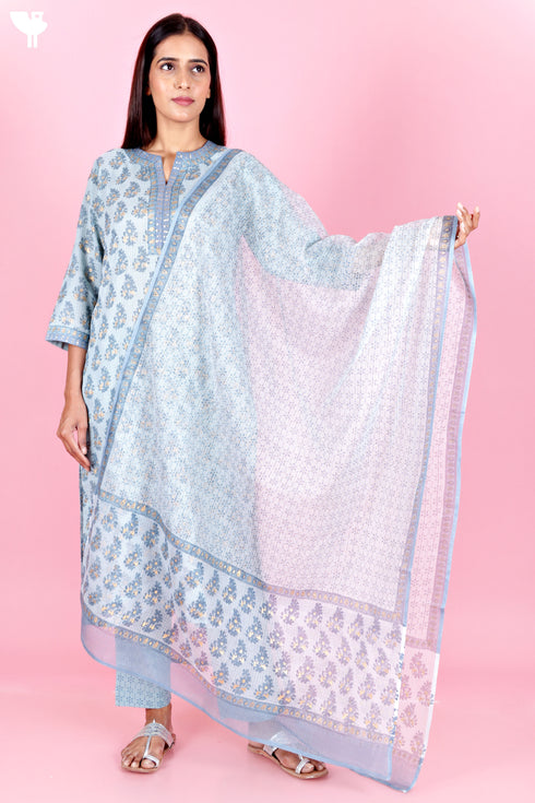 Kota Doria Kurta Pant Set With Dupatta In Block Print