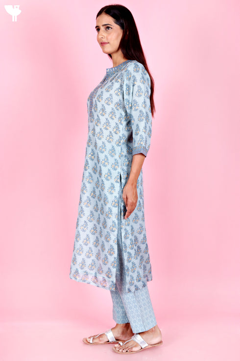 Kota Doria Kurta Pant Set With Dupatta In Block Print