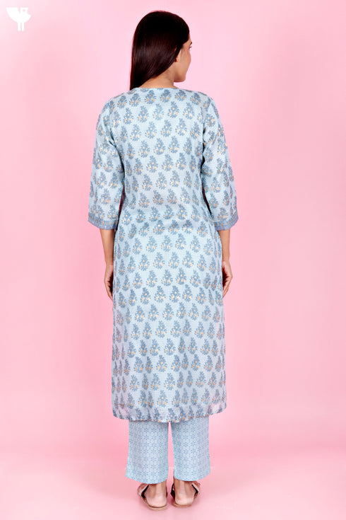 Kota Doria Kurta Pant Set With Dupatta In Block Print