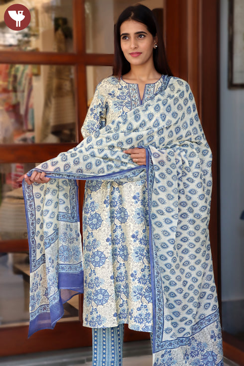 Tussar Cotton Kurta Pant And Dupatta Set With Block Print