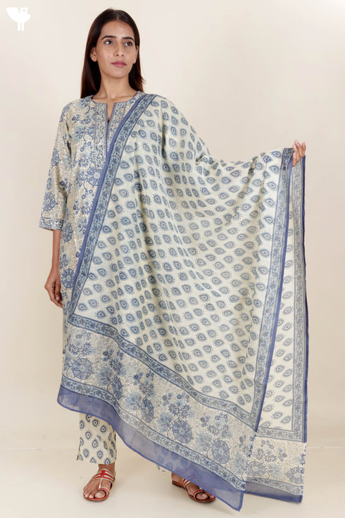 Tussar Cotton Kurta Pant And Dupatta Set With Block Print