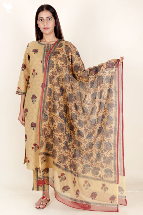 Khaadi Kurta Pant And Dupatta Set With Block Print