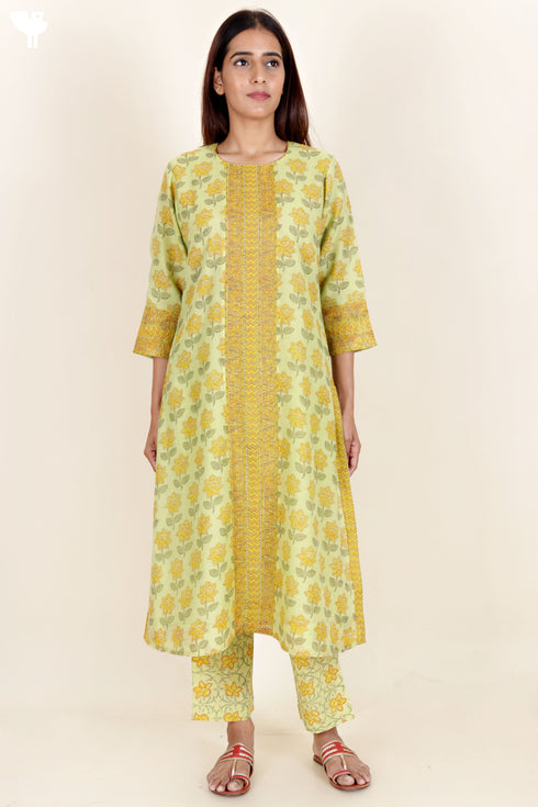 Chanderi Silk Kurta Pant With Dupatta Block Print