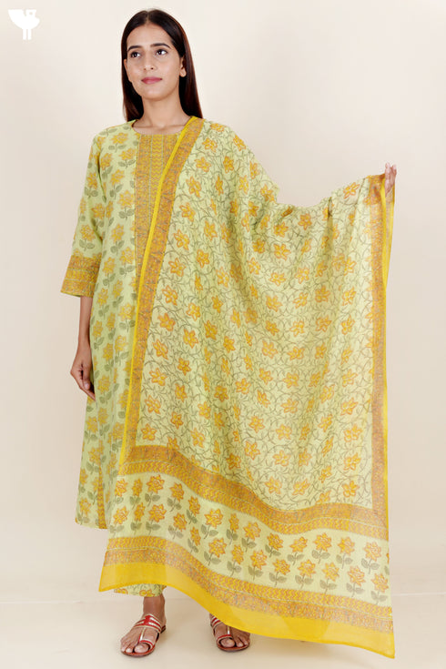 Chanderi Silk Kurta Pant With Dupatta Block Print