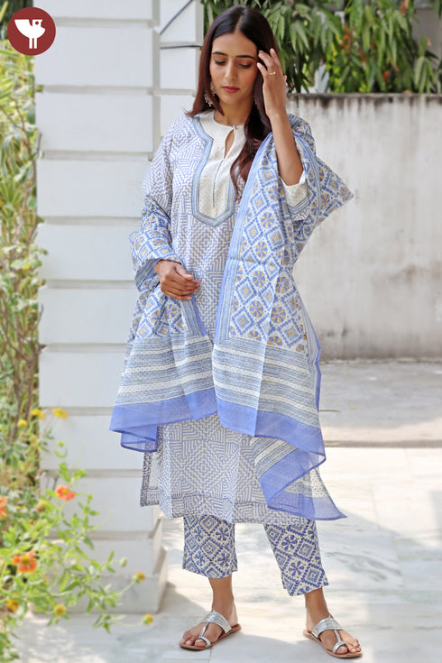 Chanderi Silk Kurta Pant Set With Dupatta Block Print