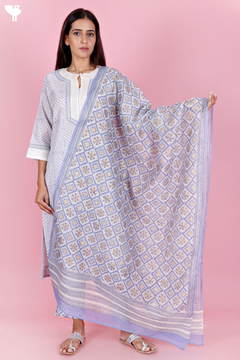 Chanderi Silk Kurta Pant Set With Dupatta Block Print