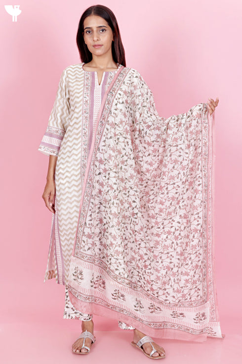 Chanderi Silk Kurta Pant With Dupatta Set With Block Print