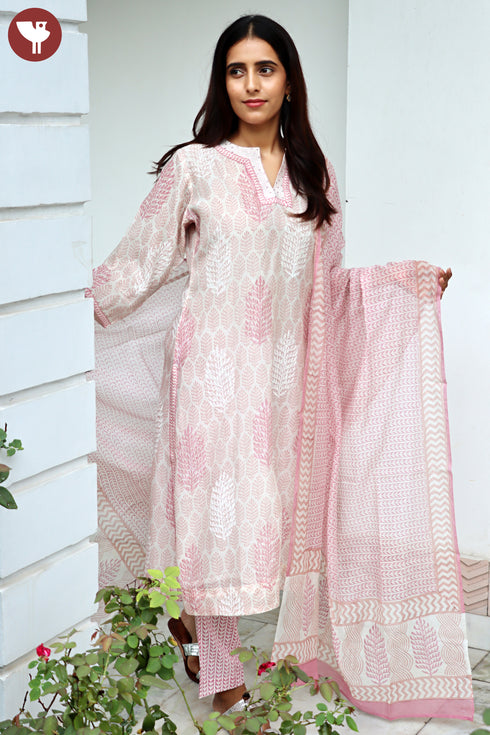 Chanderi Silk Kurta Dupatta And Pant Set With Block Print