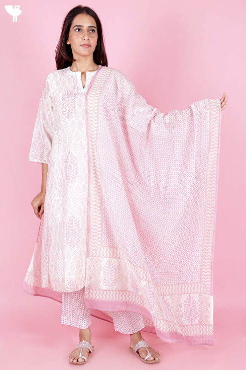 Chanderi Silk Kurta Dupatta And Pant Set With Block Print