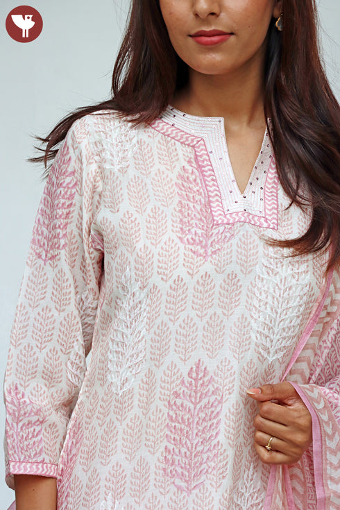 Chanderi Silk Kurta Dupatta And Pant Set With Block Print