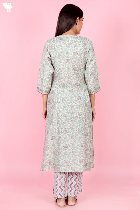 Chanderi Silk Kurta Pant Set With Dupatta Block Print