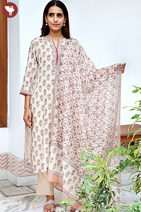 Chanderi Silk Kurta Pant Set With Dupatta Block Print
