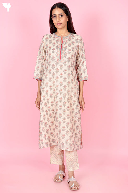 Chanderi Silk Kurta Pant Set With Dupatta Block Print