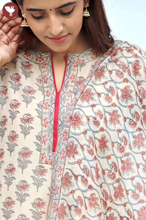 Chanderi Silk Kurta Pant Set With Dupatta Block Print