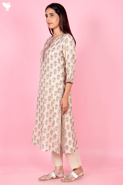 Chanderi Silk Kurta Pant Set With Dupatta Block Print
