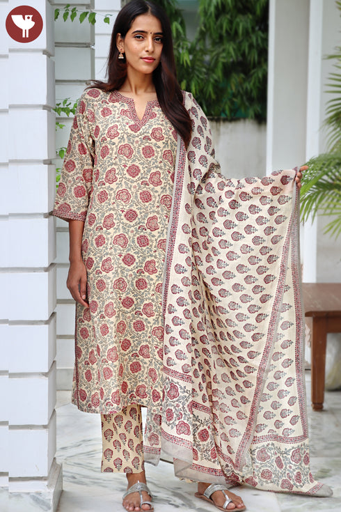 Chanderi Silk Kurta Pant and Dupatta Set With Block Print