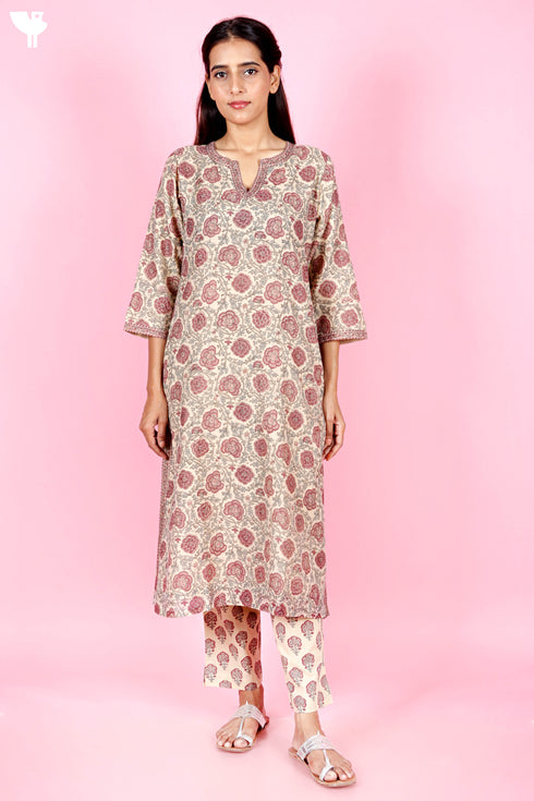 Chanderi Silk Kurta Pant and Dupatta Set With Block Print