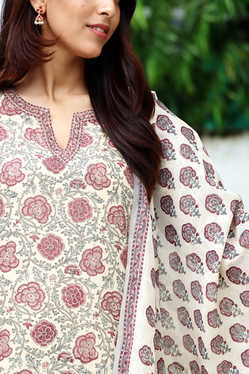 Chanderi Silk Kurta Pant and Dupatta Set With Block Print