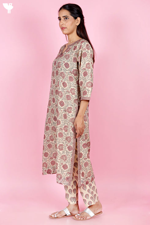 Chanderi Silk Kurta Pant and Dupatta Set With Block Print