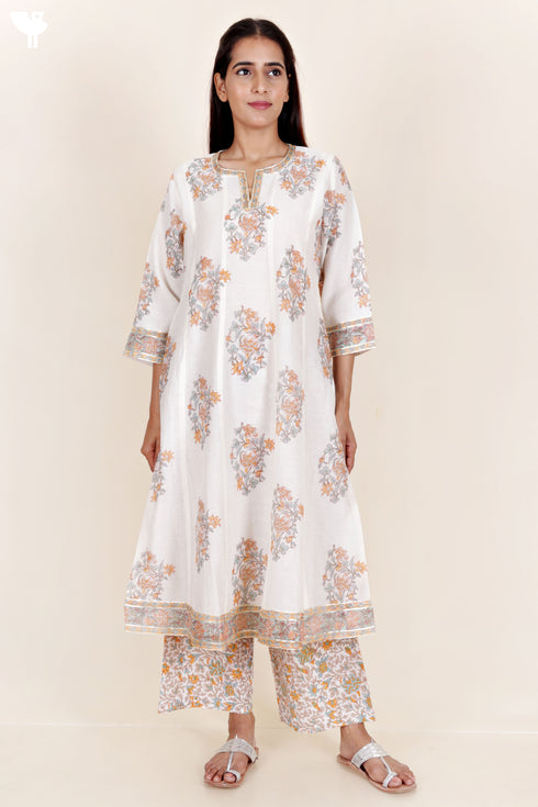 Chanderi Silk Kurta Pant And Dupatta Set In Block Print