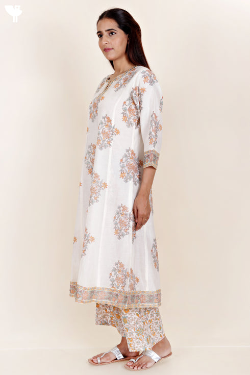 Chanderi Silk Kurta Pant And Dupatta Set In Block Print