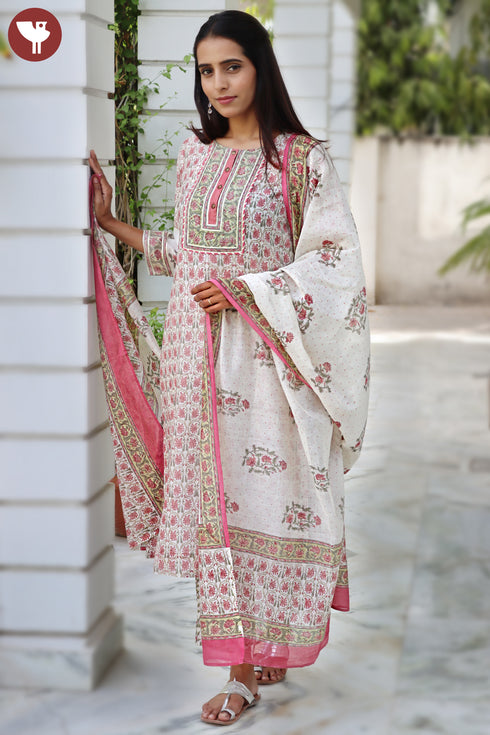 Chanderi Silk Kurta Pant And Dupatta Set In Block Print
