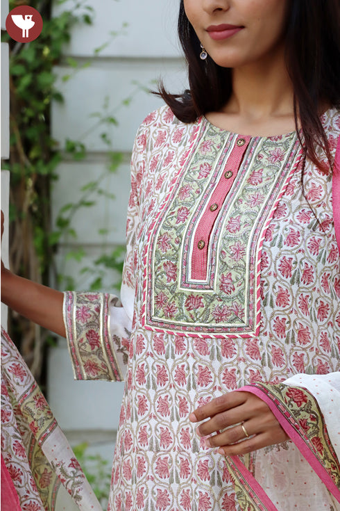 Chanderi Silk Kurta Pant And Dupatta Set In Block Print