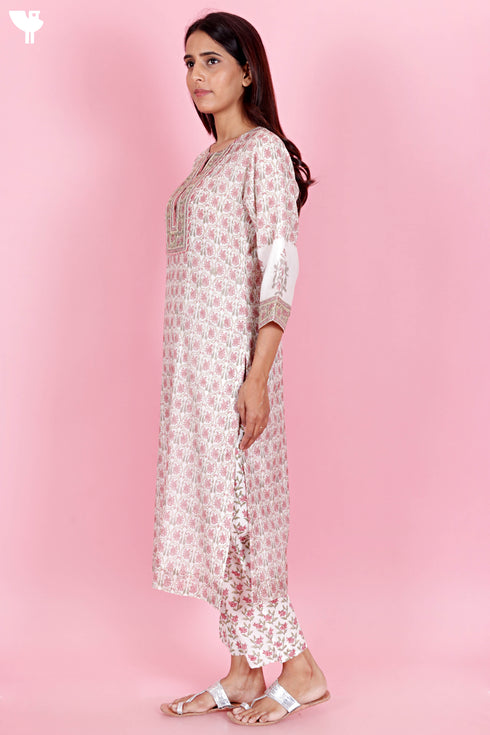 Chanderi Silk Kurta Pant And Dupatta Set In Block Print