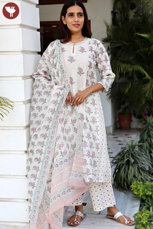 Chanderi Silk Kurta Pant And Dupatta Set In Block Print